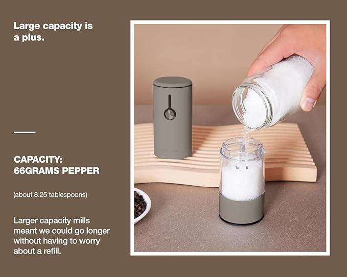 Stainless Steel Rechargeable Electric Salt and Pepper Grinder Set – USB Charging, One-Hand Electric Mill, Adjustable Coarseness, LED Light & Dust Cover – Brown + Cream