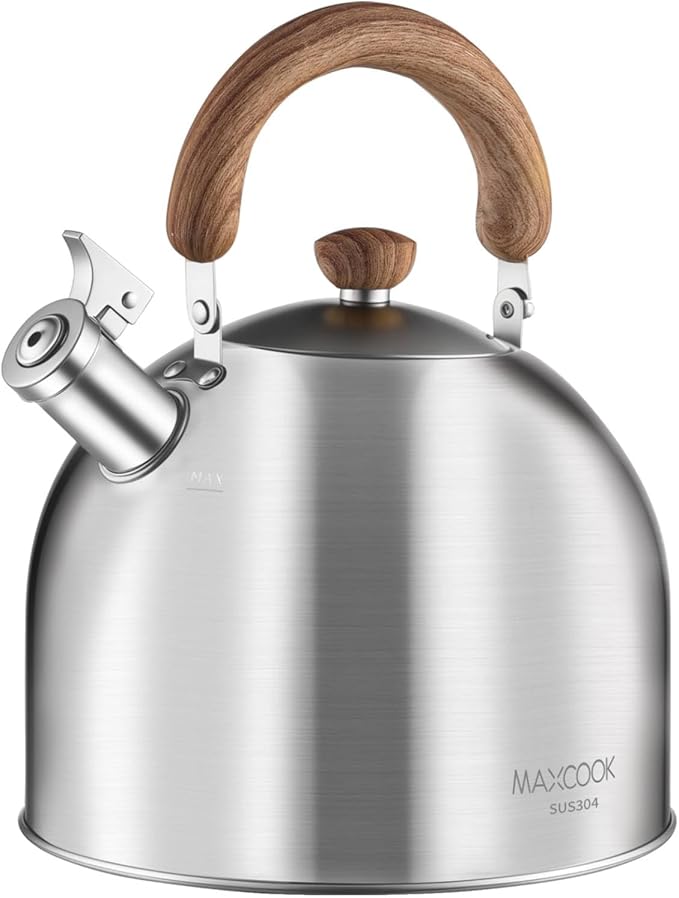 18/8 Stainless Steel Tea Kettle for Stovetop (5L / 5.29 Quart, Whistling Tea Pot, Wood Handle)-Silver