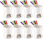 Mudder 8 Pcs Mini Fondue Pot Set with 32 Color Coded Forks Porcelain Tea Light Melting Mugs for Chocolate Cheese and Dessert Small Fondue Pot Set for Christmas Valentine's Parties Tapas Gifting