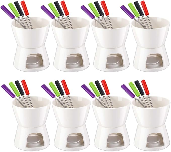 Mudder 8 Pcs Mini Fondue Pot Set with 32 Color Coded Forks Porcelain Tea Light Melting Mugs for Chocolate Cheese and Dessert Small Fondue Pot Set for Christmas Valentine's Parties Tapas Gifting