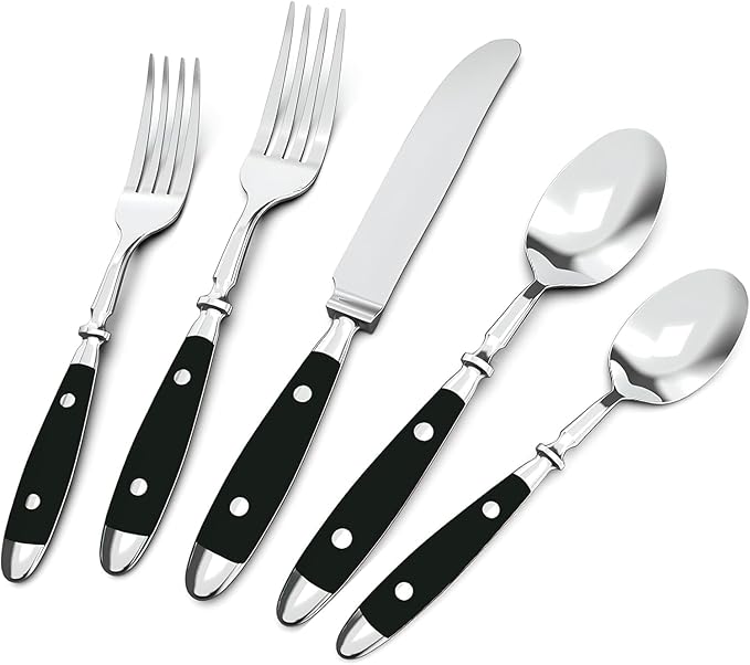 Silverware Set For 12 with Two Rivets, Vintage 60-Piece Everyday Flatware Set with Black Bakelite Handle, Stainless Steel Cutlery Set, Dishwasher Safe, Knives Spoons and Forks Set