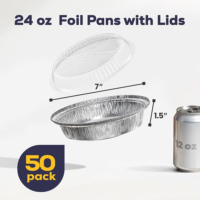 Fit Meal Prep 50 Pack 7" Round Aluminum Foil Pans with Clear Dome Lids, Pie Tins Disposable 7 inch with Lids, Take Out Containers, Freezer Oven Safe Aluminum Baking Pans for Storing, Cooking, Storage