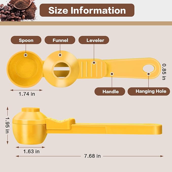 2-in-1 Coffee Scoop with Funnel, 2 Teaspoon Measuring Spoon for Reusable Pods, Ground Coffee, Protein Powder & Tea, Mess-Free Plastic Design (Yellow)