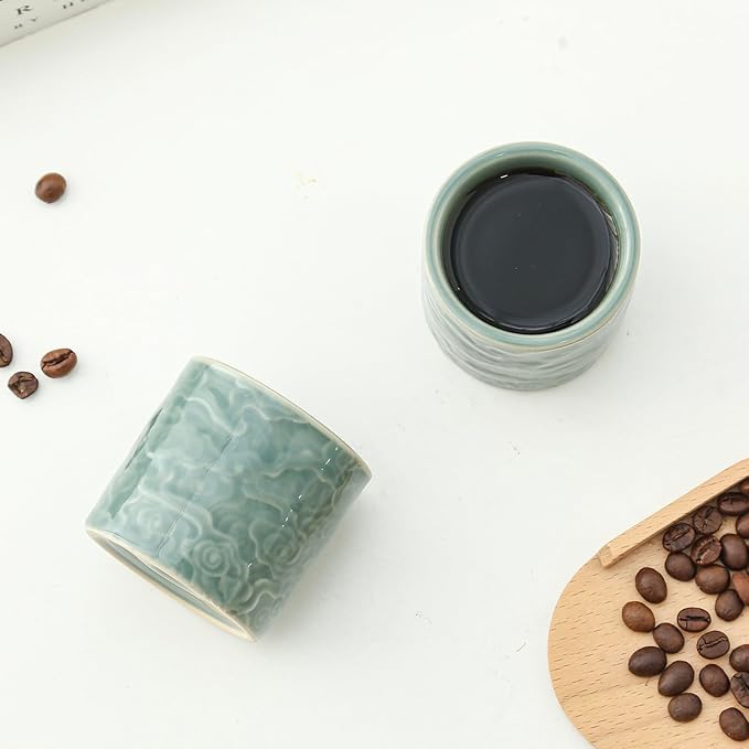 Ceramic Espresso Cups Set of 2 or 4-3oz Demitasse Cups for Coffee & Tea, No Handles, Durable & Dishwasher Safe (green, 2)