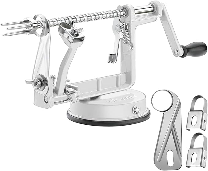 Apple Peeler Corer, Long lasting Chrome Cast Magnesium Alloy Apple Peeler Slicer Corer with Stainless Steel Blades and Powerful Suction Base for Apples and Potato(White)