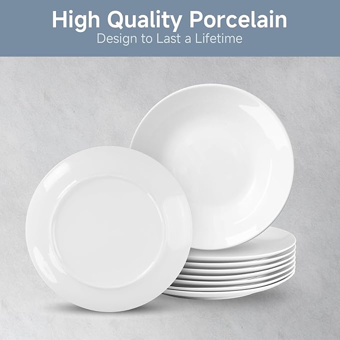 White Ceramic Dinner Plates Set of 8, 10 inch, Salad Plates, Pizza Plates, Dinnerware Sets, Microwave & Dishwasher Safe