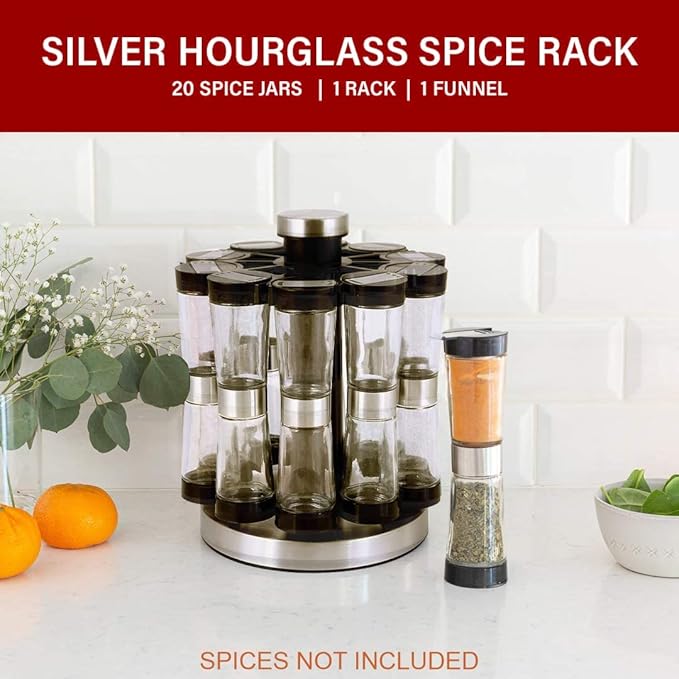 Orii Hourglass Kitchen Spice Rack with 20 EMPTY jars with FREE Stainless Steel Funnel and Labels