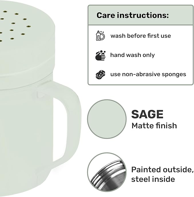 CUSINIUM 6oz Sage Stainless Steel Salt Pepper Dredge Shakers - With Plastic Cap - With Handle - Pack of 2
