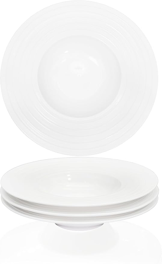 Ceramic Wide Rimmed Soup Plate, Soup Bowl 8 oz, Pasta Bowl Set of 4, White Shallow Bowl Plate with Rim, Best choice for high-end restaurants, hotels, and foodies, 9.6 Inch Coil relief