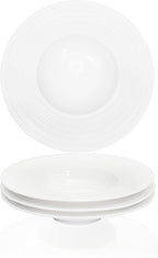 Ceramic Wide Rimmed Soup Plate, Soup Bowl 8 oz, Pasta Bowl Set of 4, White Shallow Bowl Plate with Rim, Best choice for high-end restaurants, hotels, and foodies, 9.6 Inch Coil relief