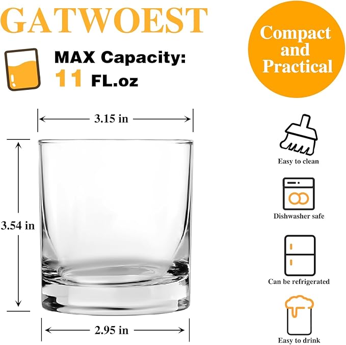 Premium Whiskey Glasses Set of 6- Clear Crystal Bourbon Glass 11 oz Old Fashioned Cocktail Glasses Classic Rocks Glasses for Rum,Liquor,Cognac,Vodka/Bar Scotch glasses-Whiskey Gifts for Men