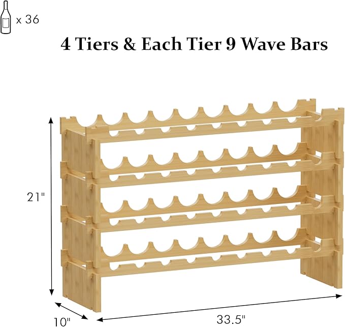 Bambloom Wine Rack Freestanding Floor, Stackable Wine Bottle Storage, Wooden Free Standing Wine Stand Organizer for Kitchen,Cellar. 36 Bottles Wine Holder Display Shelves for Champagne(Bamboo)