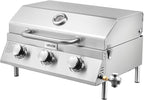 VEVOR Tabletop Gas Grill, 3-Burner Stainless Steel Portable Propane Grill, with Built-in Thermometer, Travel Locks, Weatherproof Lid, 22,500 BTU Total, for Outdoor Cooking, Patio, Party, Camping, RV