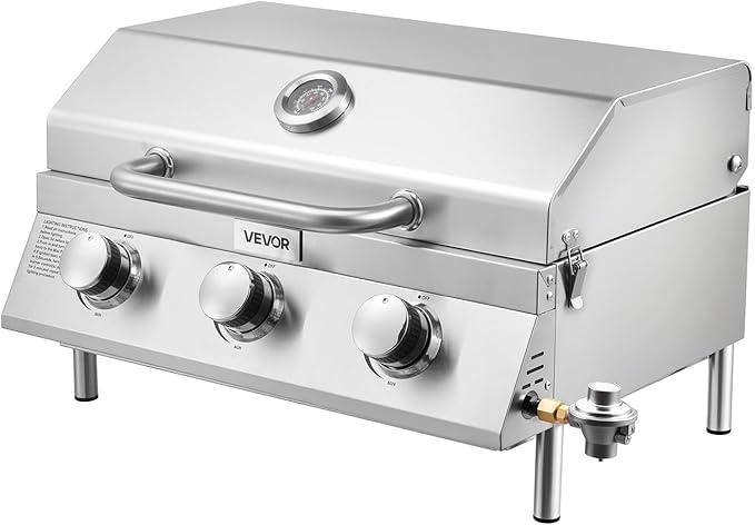 VEVOR Tabletop Gas Grill, 3-Burner Stainless Steel Portable Propane Grill, with Built-in Thermometer, Travel Locks, Weatherproof Lid, 22,500 BTU Total, for Outdoor Cooking, Patio, Party, Camping, RV