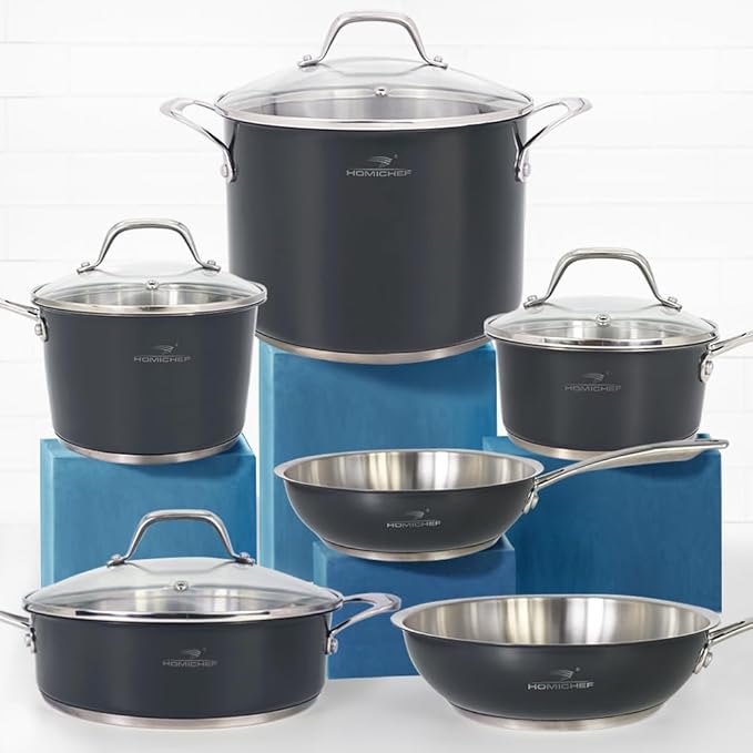 HOMICHEF 10-Piece Nickel Free Stainless Steel Cookware Set Navy Gray - Nickel Free Stainless Steel Pots and Pans Set - Healthy Non-Toxic Induction Cookware Sets
