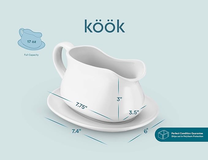 Kook Gravy Boat & Saucer, 17 oz, Ceramic Serving Dish, Dispenser with Tray for Sauces, Dressings and Creamer, Large Handle, Microwave and Dishwasher Safe, White (Classic Gravy Boat)