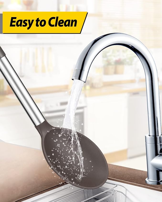 Pack of 2 Large Silicone Cooking Spoons,Non Stick Solid Basting Spoon,Heat-Resistant Kitchen Utensils for Mixing,Serving,Draining,Stirring (CHOCOLATE)