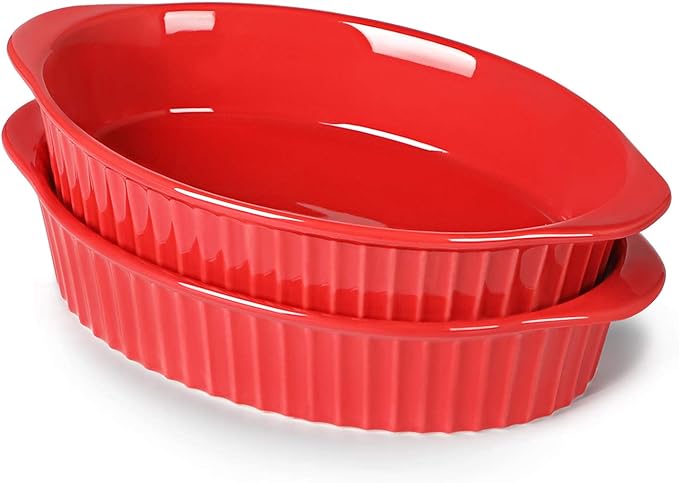 LEETOYI Porcelain Small Oval Au Gratin Pans, Baking Dish Set for 1 or 2 person servings, Bakeware with Double Handle for Kitchen and Home, Set of 2 (Red)
