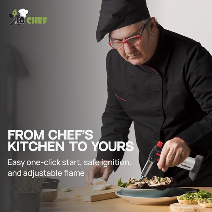 Jo Chef Kitchen Torch with Butane Included – Refillable butane torch Lighter with Safety Lock & Adjustable Flame, Culinary Blow Torch for Cooking, Creme Brulee and Soldering 2 Cans (3.38oz) Included