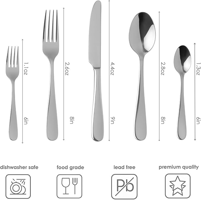 Silverware Set, 30 Piece Forged Flatware Set Cutlery Set Premium Stainless Steel, Service for 6, for Kitchen, Home, Wedding, Party, Mirror Polished Dishwasher Safe (Silver, 30 - Piece)