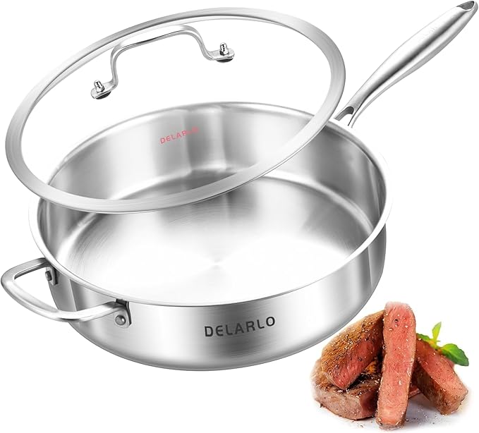 DELARLO Tri-Ply Stainless Steel 7QT Jumbo Cooker Saute Pan With Lid, 12.5 Inch Deep Frying Pan, Induction Large Skillet, Cooker Pan for Chefs, Dishwasher & Oven Safe