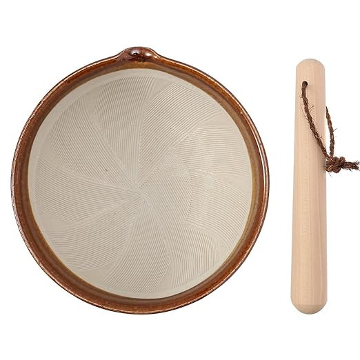 TIKUSAN Japanese Ceramic Ripple Ridge Mortar & Pestle Suribachi Bowl and Surikogi Set with Spout 7.1 inches Made in Japan (Brown)