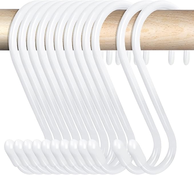 24 Pack 4-1/2 Inch White S Hooks for hanging, Large Vinyl Coated S Hangers Hooks Heavy Duty, Steel Metal Rubber Coated Closet Rod Hooks for Hanging Jeans Clothes Plant Pot Pan Cup Bathrooms Towel Robe