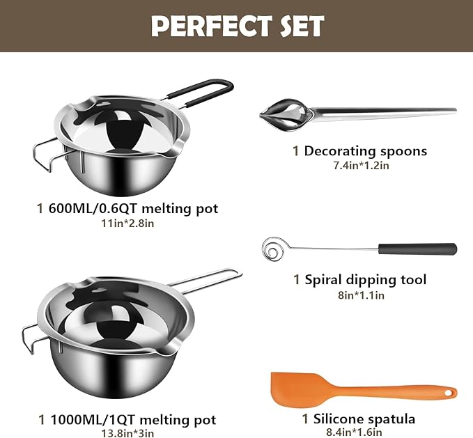 Artcome 5pcs Double Boiler Melting Pot Set - 600ML/0.6QT and 1000ML/1QT Chocolate Stainless Steel Melting Pot, Decorating Spoons, Silicone Spatula and Dipping Tool for Melting Chocolate, Candy, Soap