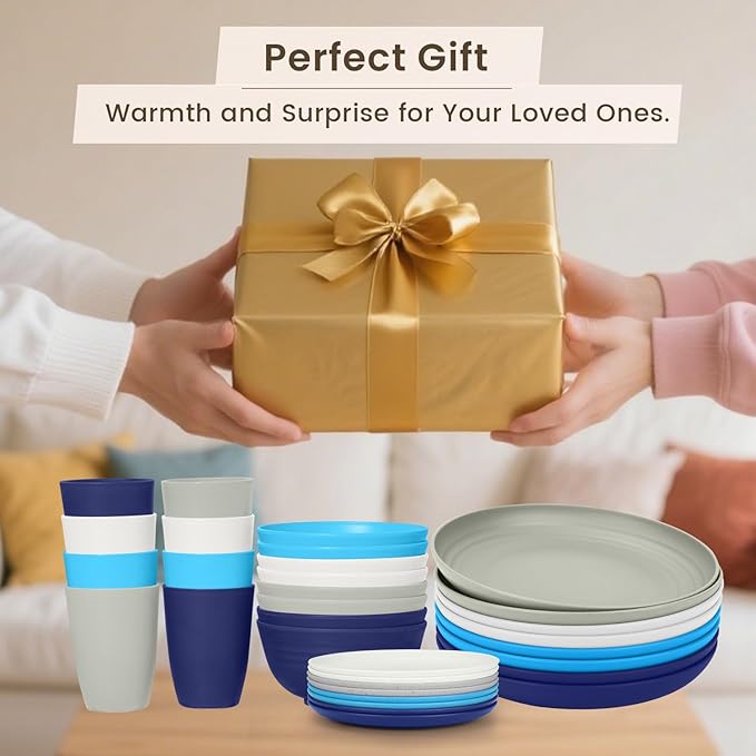 Homienly 32 PCS Plates and Bowls Sets, Unbreakable Wheat Straw Dinnerware Set, Microwave and Dishwasher Safe Dinnerware Sets, LIghtweight Dish Set for KItchen, Camping, Party - Island Series
