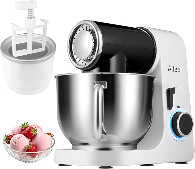 Aifeel Stand Mixer,6.5QT Mixer with 2QT Ice Cream Maker Bowl, Kitchen Electric Mixer Multifunctional Bread Dough Mixer with Dough Hook,Whisk & Beater, Food Mixer for Baking (Black-White)