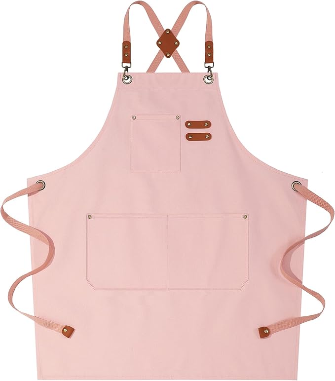 AFUN Chef Aprons for Women Men with Large Pockets, Cotton Canvas Cross Back Water Repellent Work Apron, Size M to XXL (LightPink)