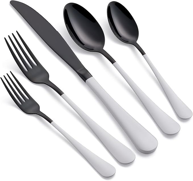 20-Piece Black Silverware Set 18/0 Stainless Steel Flatware White Handle Cutlery Set Service for 4 Dinner Knives Forks Spoons Set Mirror Finish Dishwasher Safe