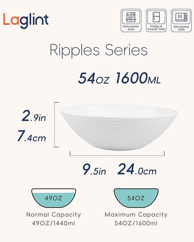 54 OZ Salad Bowl Set of 2, Opal Glass 9.5 inch Serving Dishes for Salad, Fruit, Kitchen Microwave & Dishwasher Safe, White