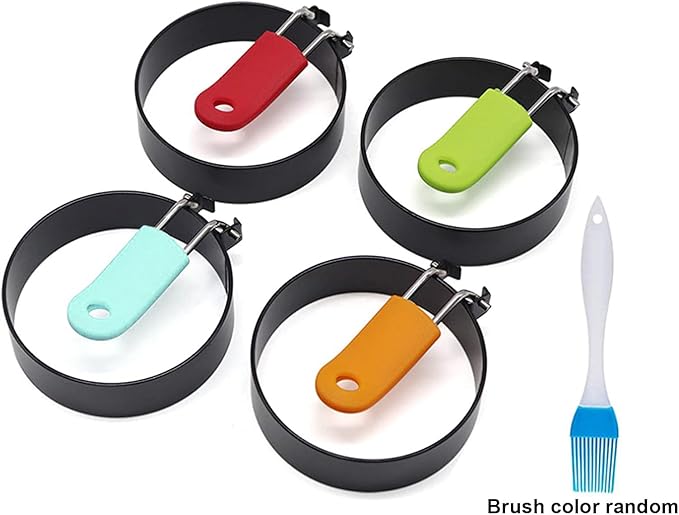 4 Pack Egg Rings,Stainless Steel Frying Ring Tool Non Stick Egg Frying Rings with Folding Handles and Oil Brush for Cooking Breakfast Sandwich Burger(COLOR:black)