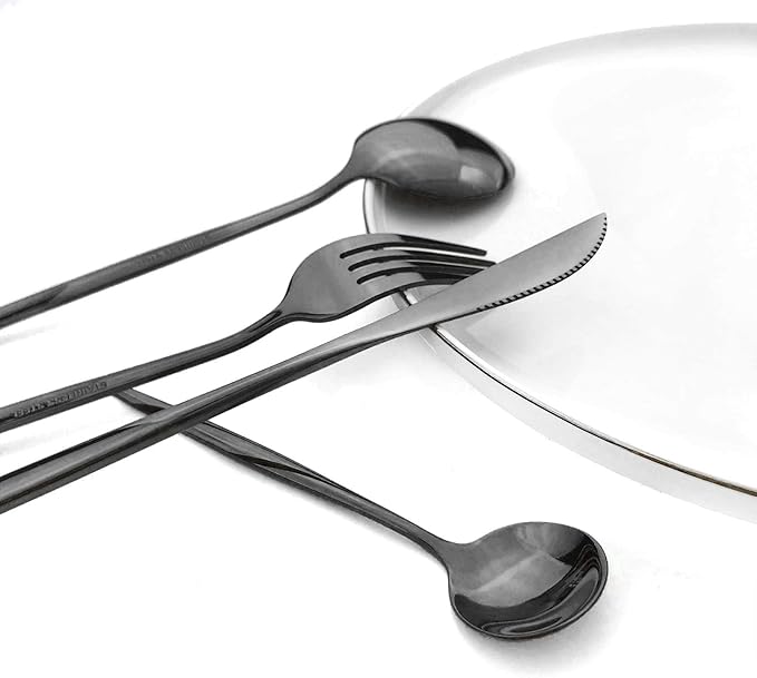 24Pcs Black Mirror Silverware Flatware Set, 18/0 Stainless Steel Cutlery Set Utensils Kitchen Dinnerware Include Knife Fork Spoon and Teaspoon, Service for 4
