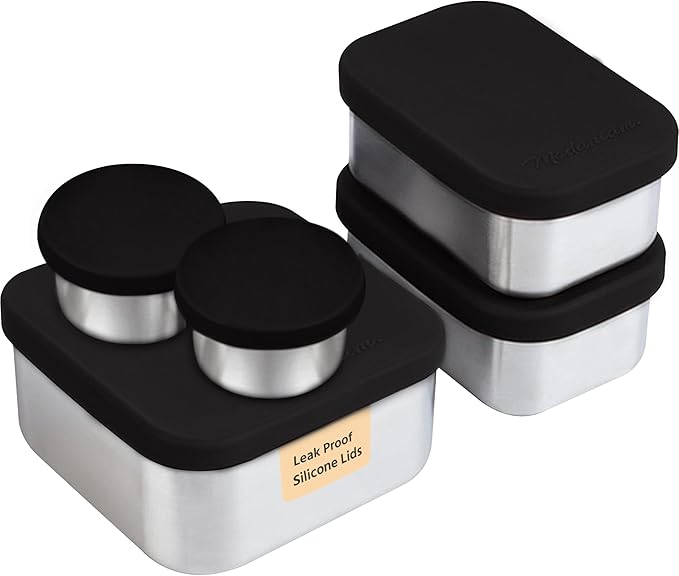 Flexibento - Leak proof Stainless Steel Bento Box | Stainless steel Snack Containers | Food Containers with Silicone Lids | Metal Food Containers| Bentobox - Black, 52 Oz Set (set of 5)