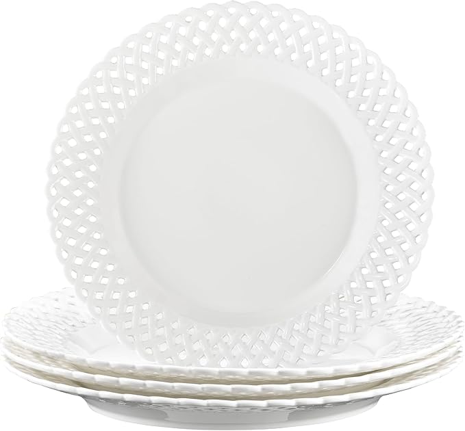 Large White Dinner Plates 12 inch, Ceramic Dinner Plates Set of 4, Basketweave Wide Rim Stackable Hotel Value Round Coupe Shape for Restaurant, Kitchen, Party, Home, Gifts, Microwave Dishwasher Safe