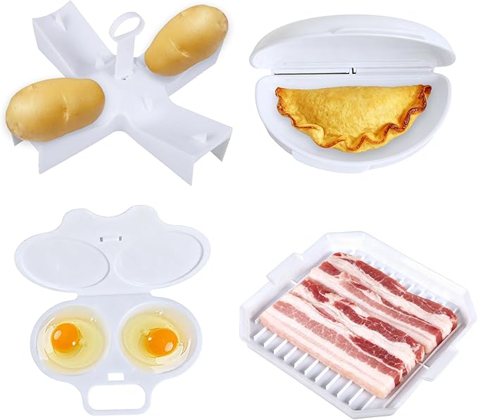 4-Piece Microwave Breakfast Set, Non-Stick Microwave Egg Poacher, Omelette Maker, Microwave Bacon Cooker & Microwave Baked Potato Cooker - Easy To Use For Quick Morning Meals(White)