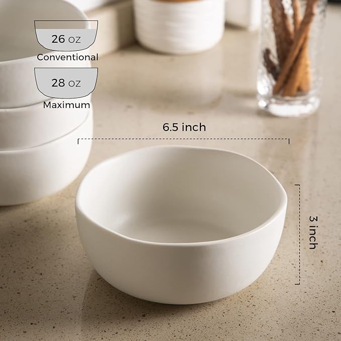 AmorArc Stoneware Cereal Bowls for Kitchen, 28oz Large Ceramic Soup Bowls Set of 6 for Meal, Chip-Resistant Kitchen Bowls with Wavy Rim, Reactive Glaze-Matte White