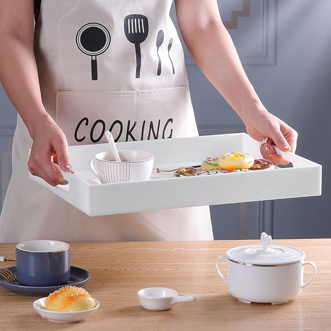 Modern Acrylic Ottoman Tray with Cutout Handles. Acrylic Serving, Organizer Decorative Tray. for Living Room, Bedroom,Bathroom and Kitchen Tabletop (White, 11x14 Inch)