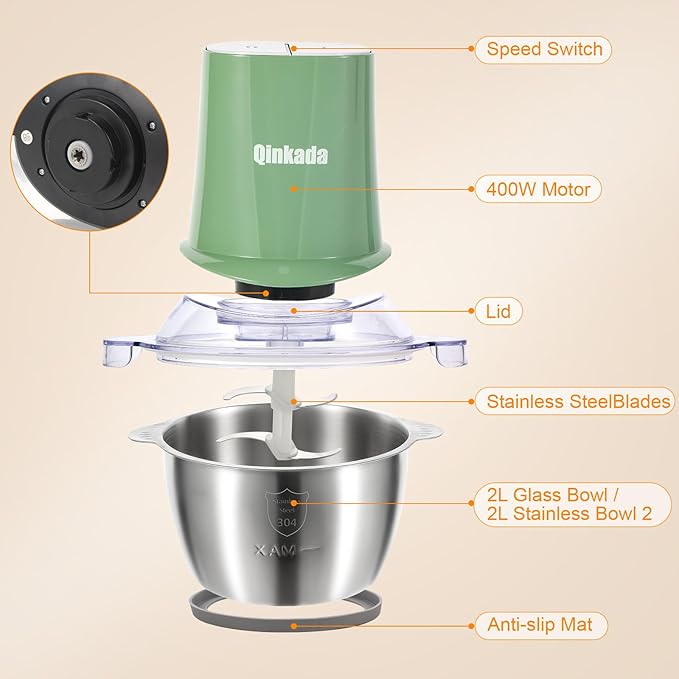 Food Processors with 2 Bowls, 400W Meat Grinder, Food Chopper Electric, 2 Speed, 8Cup Glass and 8Cup 304 Stainless Steel, 2 Blades, Spatula Green