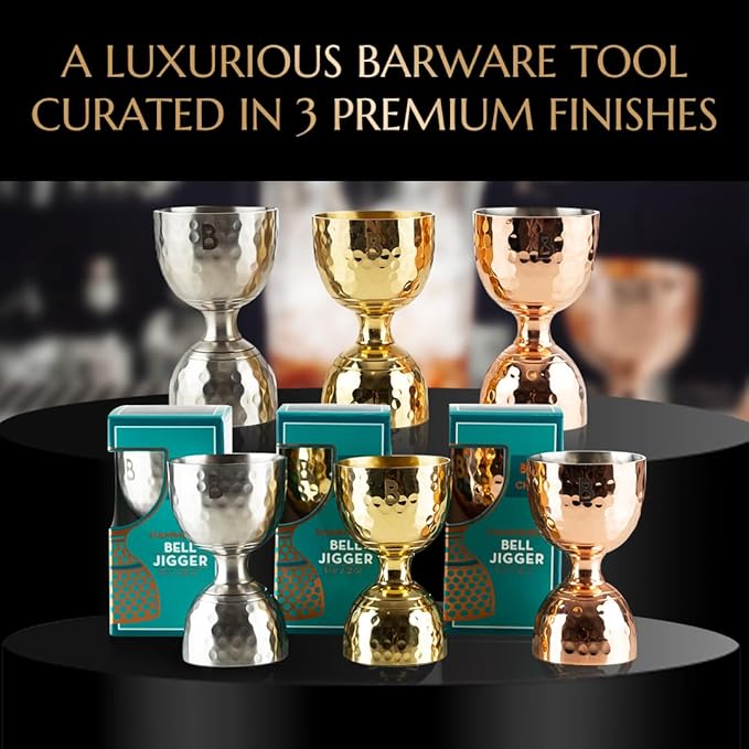Hammered Bell Jigger by Bull In China - Premium Stainless Steel with 0.25oz to 2oz Measures for Cocktails, Bars & Bartenders