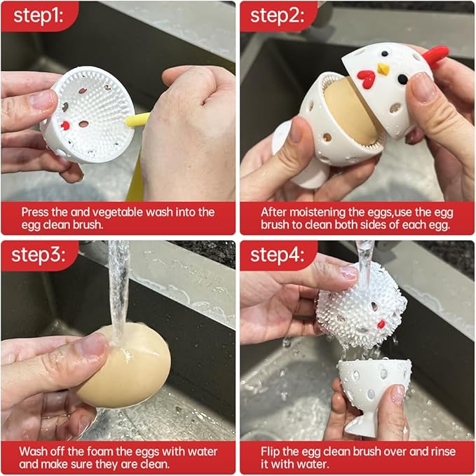 Egg Brush Cleaner, 2PCS Silicone Egg Cleaner Scrubber for Fresh Eggs, Multipurpose Fruit and Vegetable Rotating Scrubber Tool for Fresh Eggs, Cute Reusable Chicken Egg Washer Brush (Grey)