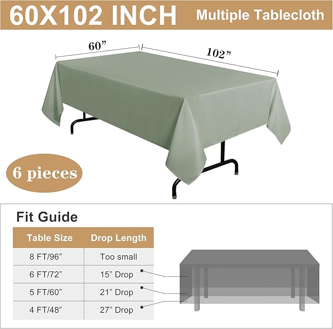 sancua 6 Pack Sage Green Tablecloth 60 x 102 Inch, Rectangle Table Cloth for 6 Feet Tables - Stain and Wrinkle Resistant Washable Polyester Table Cover for Dining Tables, Buffet Parties and Camping