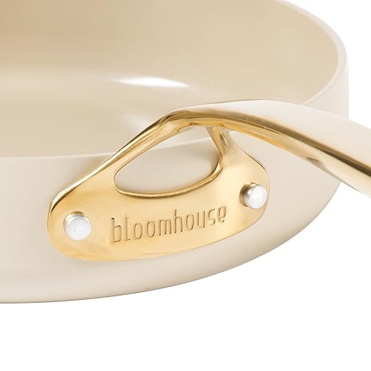 bloomhouse 10 Inch Heavy Duty Aluminum Premium PFA Free Ceramic Nonstick Saute/Deep Frying Pan Skillet with Lid - Almond Cream w/Gold Handle