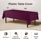 Exquisite 12-Pack Premium Plastic Tablecloth 54in. x 108in. Rectangle Table Cover - Plum