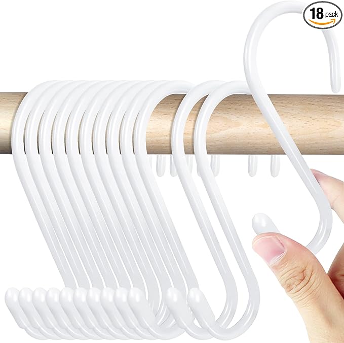 HiGift 18 Pack White Vinyl Coated Metal S Hooks, 4.5 inch Heavy Duty, Non Slip Rust-Free for Hanging Clothes, Plants, Pots, Towels