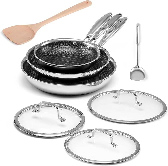 Non Stick Frying Pan Set, 8, 10 and 12-Inch Hybrid Non Toxic Fry Pan Skillet with Lids, Dishwasher and Oven Safe, Induction Ready, Silver Kitchen Cookware set (8-Piece Set)
