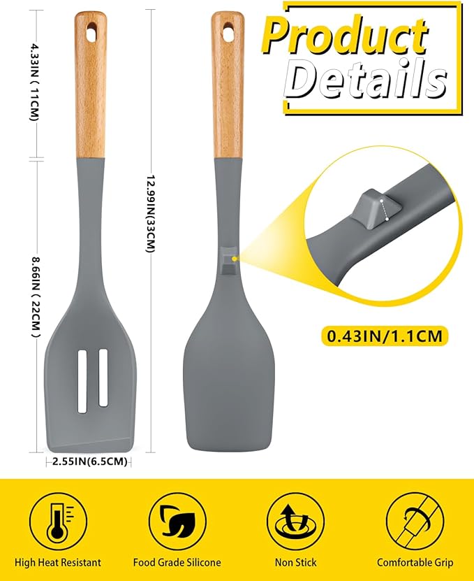 Pack of 2 Large Silicone Cooking Spoons, Heat Resistant Non Stick Kitchen Utensils with Wooden Handle, Ideal for Mixing, Stirring, Serving, Cooking(GRAY)