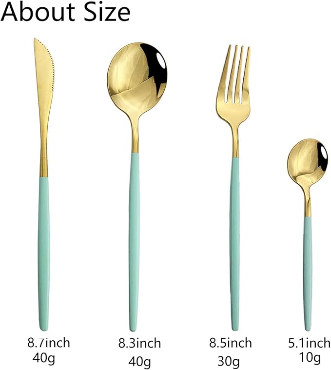 JASHII Flatware Serving Set 24 Piece, Stainless Steel Silverware Set, Mint Green Gold Cutlery, Modern Elegant Tableware for Party, Christmas, Dinner